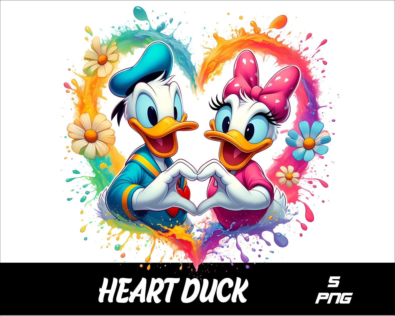 5 PNG Heart Donald and Daisy Png Splash and Watercolor Png Duck Transparent  PNG file for Sublimation Love Duck PNG, image size:1576x1261