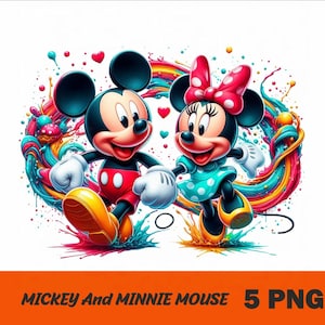 Może przedstawiać: Myszka Miki i Minnie Mouse idą trzymając się za ręce w kolorowym, abstrakcyjnym wzorze. Oboje się uśmiechają i mają wokół siebie serca.