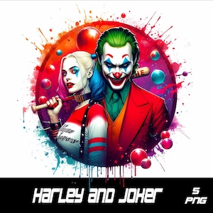 May include: Digital illustration featuring Harley Quinn and the Joker set against a vibrant, abstract backdrop. Harley Quinn holds a baseball bat, while the Joker is in a red suit. The image includes the text "Harley and Joker".