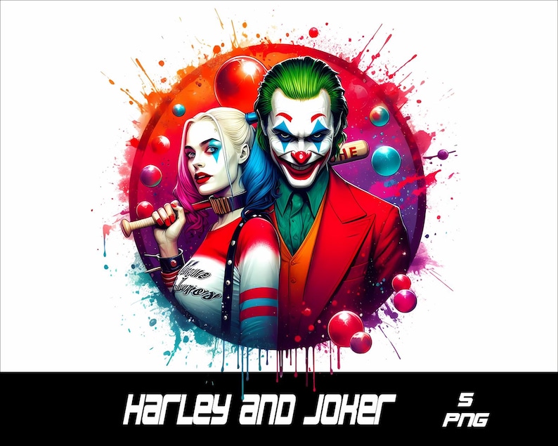 May include: Digital illustration featuring Harley Quinn and the Joker set against a vibrant, abstract backdrop. Harley Quinn holds a baseball bat, while the Joker is in a red suit. The image includes the text "Harley and Joker".