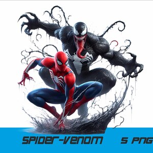 May include: A digital illustration of Spider-Man and Venom facing off. Spider-Man is in his red and blue suit, while Venom is in his black suit with a white spider symbol on his chest. The background is white.