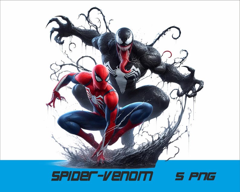 May include: A digital illustration of Spider-Man and Venom facing off. Spider-Man is in his red and blue suit, while Venom is in his black suit with a white spider symbol on his chest. The background is white.