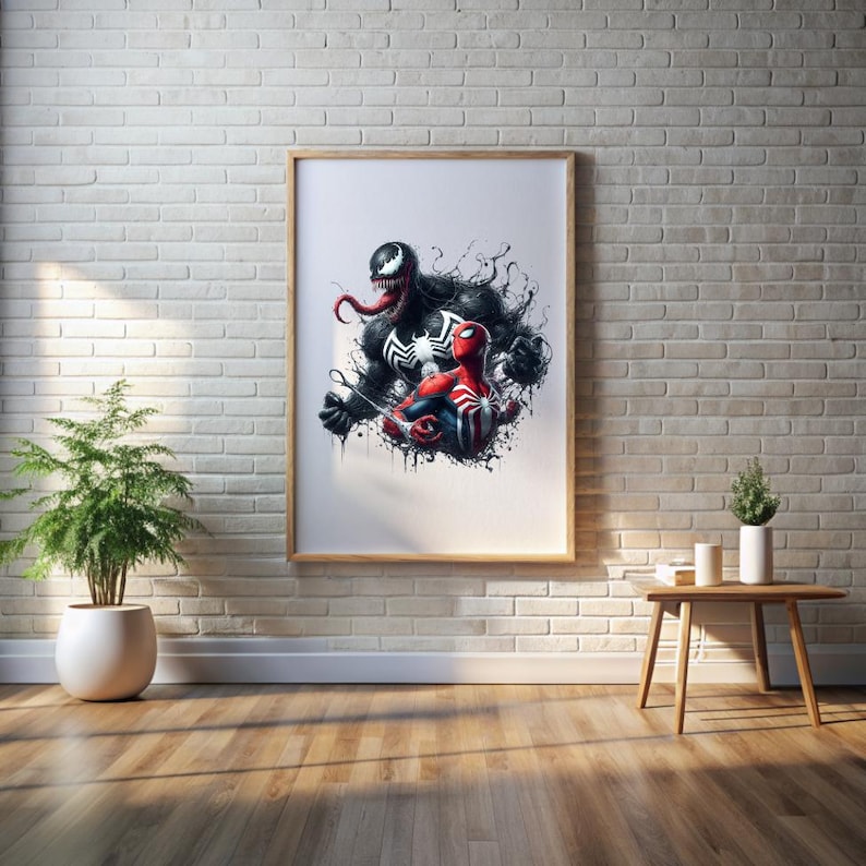 May include: A black and white illustration of Venom and Spider-Man. Venom is a black alien symbiote with a white spider symbol on its chest. Spider-Man is wearing his red and blue suit with a black spider symbol on his chest.
