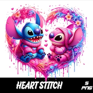 5 PNG Heart Pink Stitch and  Stitch Png Stitch Splash and Watercolor Png Stitch Transparent PNG file for Sublimation