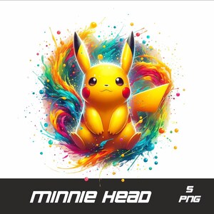 May include: A yellow Pikachu cartoon character with red cheeks and a black tail is surrounded by colorful paint splatters. The background is white.