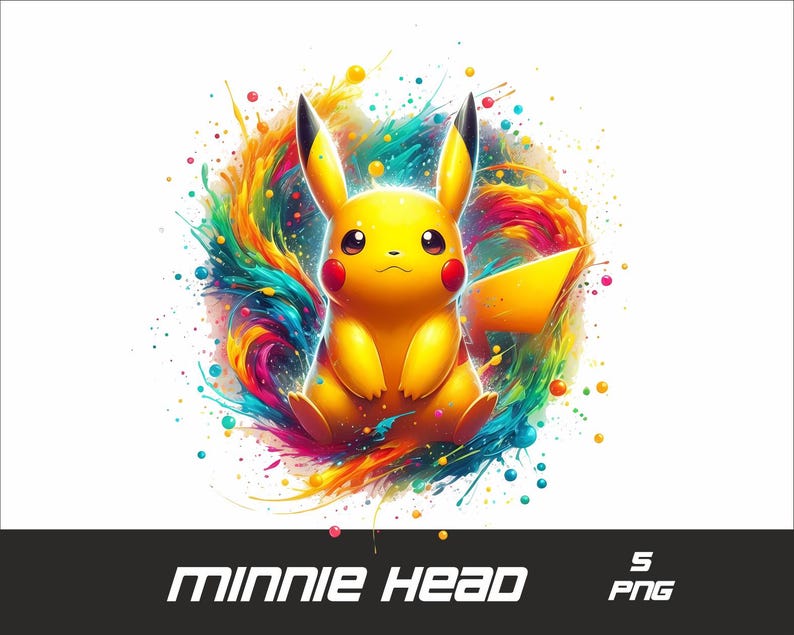 May include: A yellow Pikachu cartoon character with red cheeks and a black tail is surrounded by colorful paint splatters. The background is white.