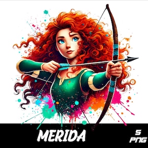 May include: A digital illustration of Merida from the movie Brave. She is holding a bow and arrow and has long, curly red hair. The background is a colorful splatter of paint.