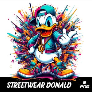 May include: A cartoon illustration of Donald Duck wearing a blue and green jacket, a blue and white baseball cap, and trainers. He is holding a gold chain with a letter D pendant. The background is a colourful abstract design with a variety of shapes and lines. The text "STREETWEAR DONALD" is at the bottom of the image.