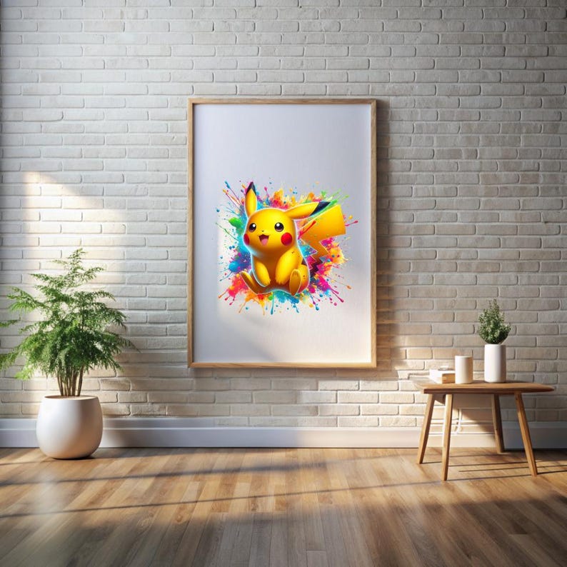May include: A yellow Pikachu cartoon character with a red cheek and a lightning bolt tail, standing on a white background with colorful paint splatters.