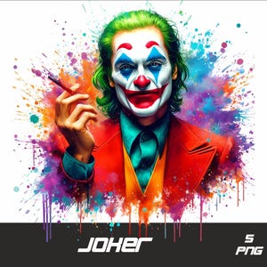 May include: A digital illustration of the Joker from the movie "Joker" with green hair, red lips, and a white face. He is wearing a red suit with a green shirt and a yellow vest. The background is a colorful watercolor splatter effect.