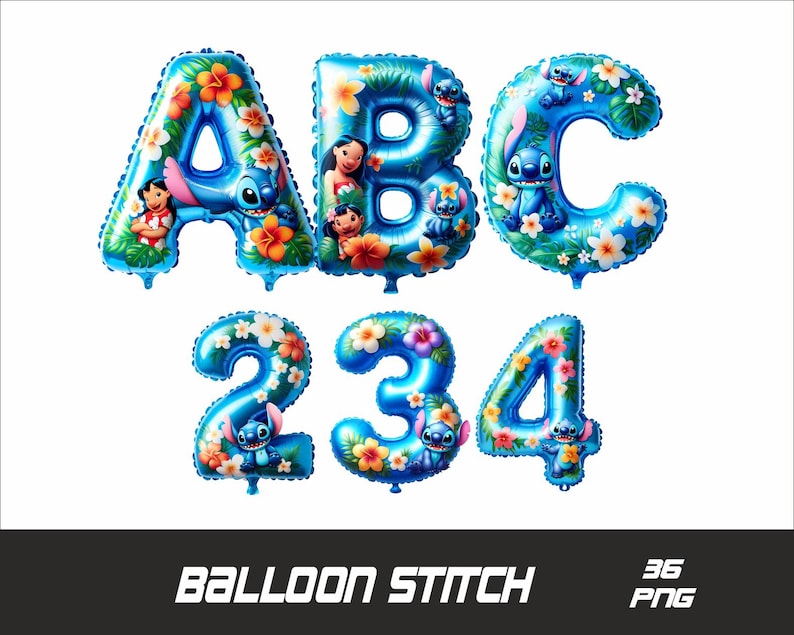 Puede incluir: Letras de globos azules y blancas que deletrean ABC y los n&uacute;meros 234. Los globos tienen un patr&oacute;n floral tropical y presentan a Stitch y otros personajes de la pel&iacute;cula de Disney Lilo & Stitch.