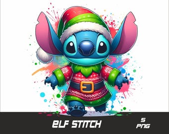 May include: A blue Stitch character wearing a red and green elf costume with a white hat. The character is standing on a colorful splatter background.