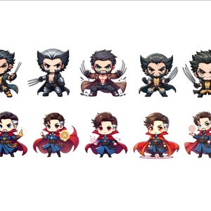 Op de afbeelding: Een set van tien cartoonfiguur stickers met de Marvel-personages Wolverine en Doctor Strange. De stickers zijn in chibi-stijl, met grote hoofden en kleine lichamen. De personages worden afgebeeld in verschillende poses, waaronder vechten, spreuken uitspreken en wapens vasthouden.