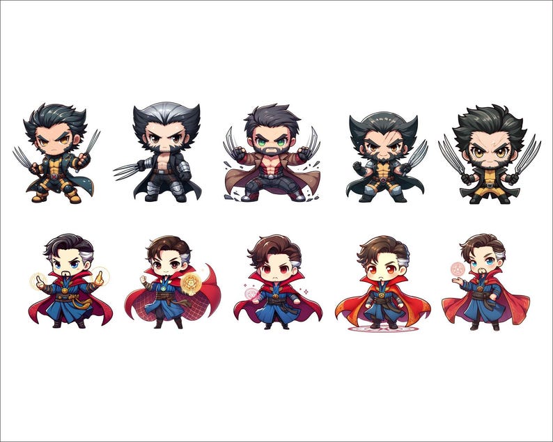 Op de afbeelding: Een set van tien cartoonfiguur stickers met de Marvel-personages Wolverine en Doctor Strange. De stickers zijn in chibi-stijl, met grote hoofden en kleine lichamen. De personages worden afgebeeld in verschillende poses, waaronder vechten, spreuken uitspreken en wapens vasthouden.