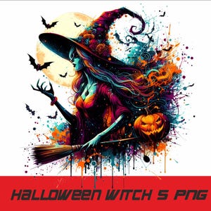 May include: A colorful digital illustration of a witch with a pointed hat, holding a broom and a jack-o'-lantern. The background is a white canvas with splashes of paint in various colors.
