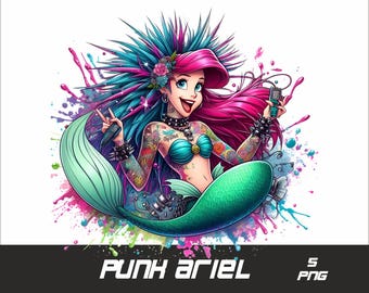 5 PNG Punk Princess Png Punk Ariel Splash and Watercolor Png Rock Ariel Transparent PNG file for Sublimation Mermaid Ariel PNG