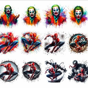 May include: A digital collage of nine images featuring various comic book characters. The images are set against a white background with colorful paint splatters. The characters include Joker, Spiderman, and Venom.