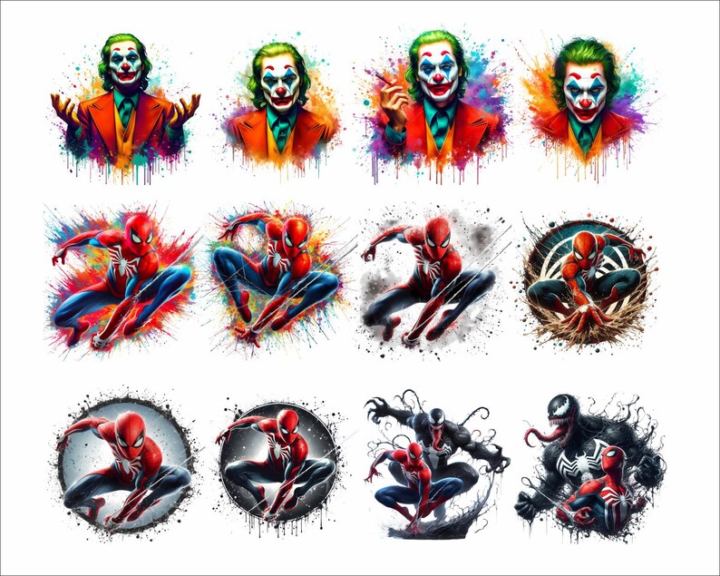 May include: A digital collage of nine images featuring various comic book characters. The images are set against a white background with colorful paint splatters. The characters include Joker, Spiderman, and Venom.