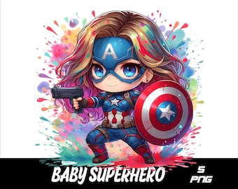 5 PNG Baby Superhero  Png Captain Superhero Splash and Watercolor Png Superhero Girl Transparent PNG file for Sublimation