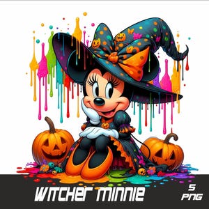 May include: A colorful digital illustration of a witch Minnie Mouse wearing a black and orange witch hat with a black and orange bow. She is sitting on a bed of colorful paint splatters with two jack-o-lanterns on either side of her. The text "Witch Minnie" is at the bottom of the image.