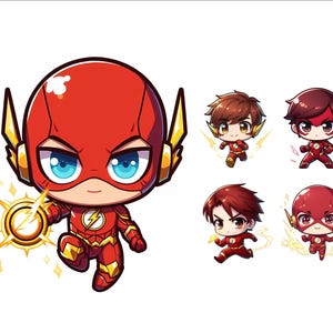 Op de afbeelding: Een cartoonillustratie van The Flash, een superheld met een rood en geel kostuum, die rent met een bliksem. Er zijn vier andere illustraties van The Flash in verschillende poses.