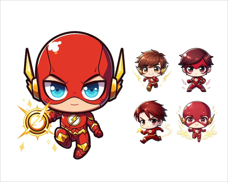 Op de afbeelding: Een cartoonillustratie van The Flash, een superheld met een rood en geel kostuum, die rent met een bliksem. Er zijn vier andere illustraties van The Flash in verschillende poses.