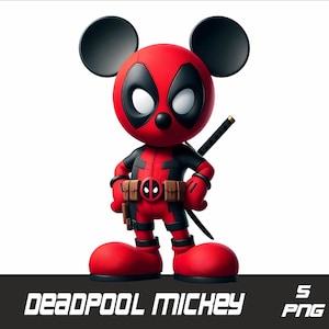 May include: A red and black Deadpool Mickey Mouse figurine with a katana. The figure has large black ears, a red head and feet, and a black and red costume. The text "DEADPOOL MICKEY" is displayed at the bottom.