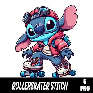 May include: A blue and red cartoon character with large ears and goggles is riding a skateboard. The character is wearing a red jacket and a white shirt. The skateboard has black wheels.