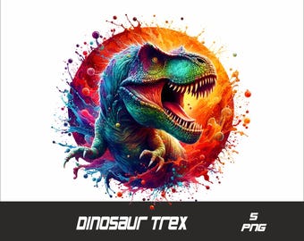 May include: A colorful, abstract illustration of a Tyrannosaurus Rex dinosaur with a bright red, orange, yellow, blue, green, and purple paint splatter background.