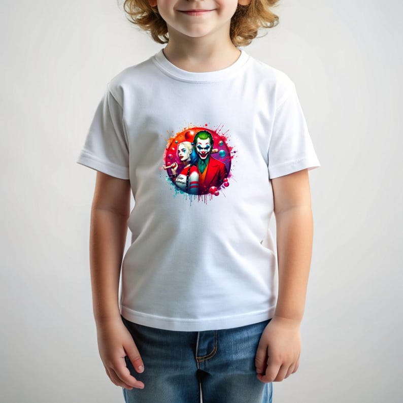 May include: White t-shirt with a colourful graphic of the Joker and Harley Quinn. The design is set within a vibrant, circular splash of colour. The shirt is made of a soft, comfortable material.