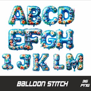Puede incluir: Letras de globos azules y blancas que deletrean el alfabeto de la A a la L, con Stitch y otros personajes de la pel&iacute;cula de Disney Lilo & Stitch. Los globos est&aacute;n decorados con flores y hojas tropicales.