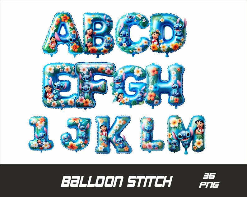 Puede incluir: Letras de globos azules y blancas que deletrean el alfabeto de la A a la L, con Stitch y otros personajes de la pel&iacute;cula de Disney Lilo & Stitch. Los globos est&aacute;n decorados con flores y hojas tropicales.