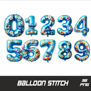Puede incluir: N&uacute;meros de globos azules y blancos del 0 al 9 con un dise&ntilde;o de personaje de Stitch. Cada globo tiene un patr&oacute;n floral y un personaje de Stitch. Los globos est&aacute;n dispuestos en una fila. El texto "BALLOON STITCH" est&aacute; en la parte inferior de la imagen. El texto "36 PNG" est&aacute; en la parte inferior derecha de la imagen.