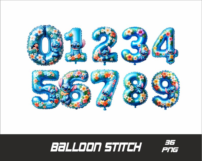 Puede incluir: N&uacute;meros de globos azules y blancos del 0 al 9 con un dise&ntilde;o de personaje de Stitch. Cada globo tiene un patr&oacute;n floral y un personaje de Stitch. Los globos est&aacute;n dispuestos en una fila. El texto "BALLOON STITCH" est&aacute; en la parte inferior de la imagen. El texto "36 PNG" est&aacute; en la parte inferior derecha de la imagen.