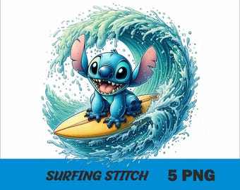 May include: A blue cartoon character, Stitch, is riding a yellow surfboard on a blue wave. Stitch is smiling and has big eyes. The wave is crashing behind Stitch.