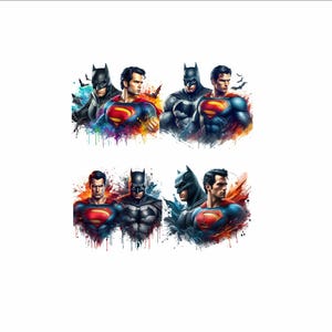 May include: Two images of Superman and Batman standing side-by-side. Both superheroes are wearing their iconic costumes. The images are set against a colorful, abstract background.
