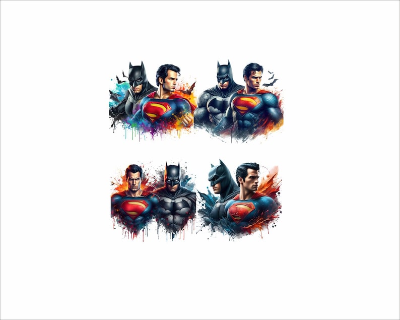 May include: Two images of Superman and Batman standing side-by-side. Both superheroes are wearing their iconic costumes. The images are set against a colorful, abstract background.