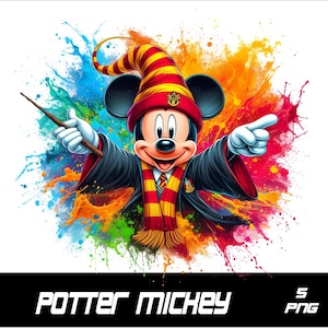 May include: Mickey Mouse dressed as a wizard with a red and yellow hat and robe. He is holding a wand and has a colorful paint splatter background. The text "POTTER MICKEY" is at the bottom of the image.