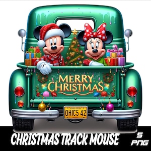 May include: A green vintage pickup truck with a "Merry Christmas" banner on the back. Mickey Mouse and Minnie Mouse are in the truck bed, holding gifts.