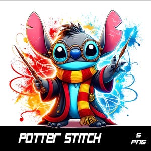May include: A blue and gray cartoon character with large ears, wearing a black robe, a red and yellow scarf, and round blue glasses. The character is holding a wand in each hand and is surrounded by colorful paint splatters. The text "POTTER STITCH" is at the bottom of the image.
