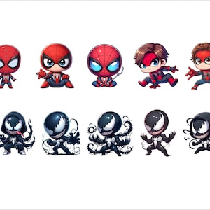 Op de afbeelding: Een set van tien cartoonfiguur stickers met Spider-Man en Venom. De stickers zijn in verschillende poses en uitdrukkingen. De Spider-Man stickers zijn rood en blauw, terwijl de Venom stickers zwart en wit zijn.