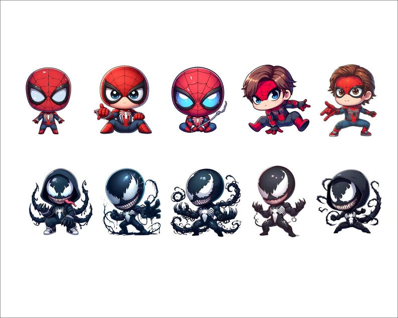 Op de afbeelding: Een set van tien cartoonfiguur stickers met Spider-Man en Venom. De stickers zijn in verschillende poses en uitdrukkingen. De Spider-Man stickers zijn rood en blauw, terwijl de Venom stickers zwart en wit zijn.