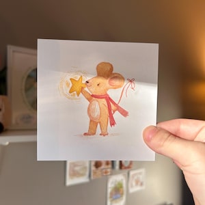 Watercolor Mouse Print - Square 4.25in Print- Storybook style Hand Painted Art- Limited Edition