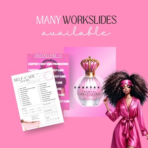 May include: A pink and gold self-care checklist with a pink and gold bottle of perfume with a crown on the top. The text on the checklist says "SELF-CARE for the Babe CHECKLIST". The text on the bottle says "CHAPTER MENTAL SELF-CARE".