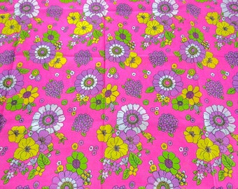 Vintage Fabric Hot Pink With Multicolor Flowers 1+ Yards Made in USA 1970s - 80s