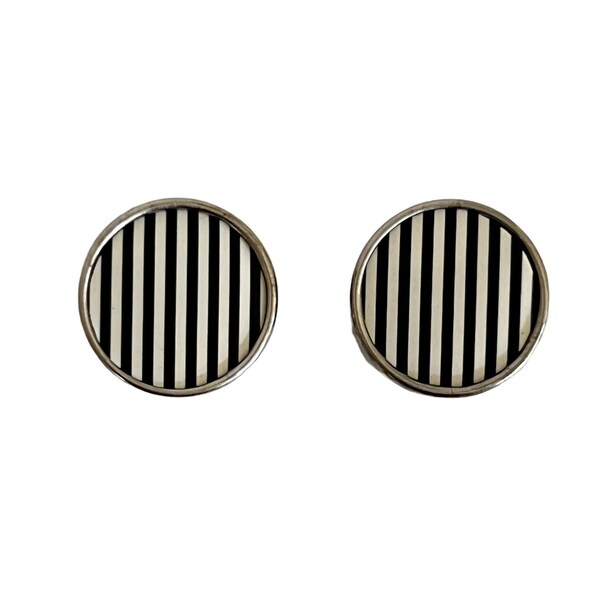 Vintage Mens Cufflinks Black and White Stripes Celluloid Snap Art Deco Era Jewelry