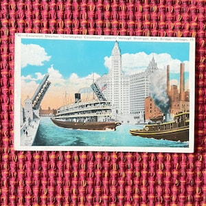 1933 Christopher Columbus Excursion Steamer Michigan Ave Bridge Chicago Postcard
