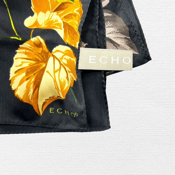 ECHO Silk Scarf Leaves on Black Background Long R… - image 2