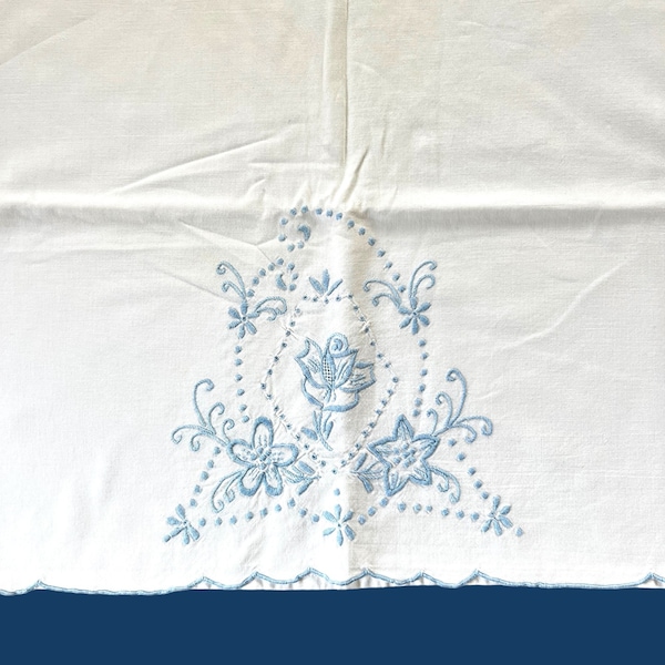 Vintage Linens Pillowcase Set Blue on White Machine Embroidered Flowers 19 x 32