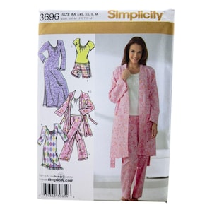 May include: Simplicity sewing pattern 3696 featuring sleepwear designs. The pattern includes options for a long gown, shorts and top set, a robe and pants set, and a diamond-patterned dress. The pattern size is AA XXS, XS, S, M.